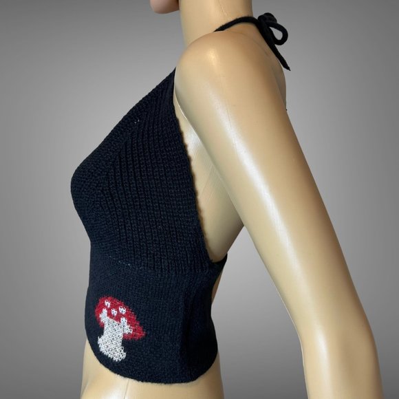 Womens Halter Crop Top Knit Large L Black Red Stretch Backless Mushroom … - Picture 8 of 16